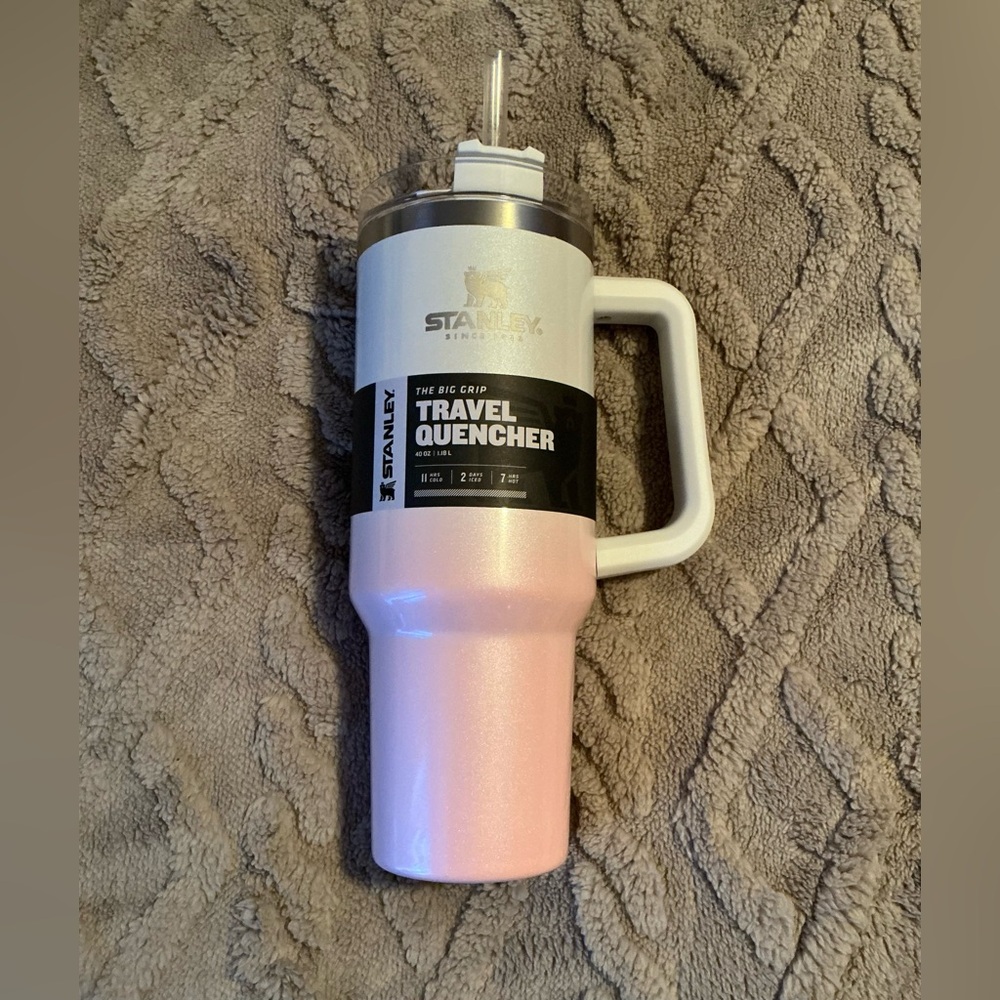 Stanley Pink and White Travel Quencher with Handle